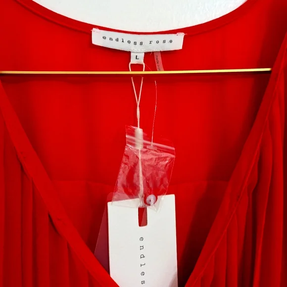 NWT Endless Rose Large Bright Red Lined Chiffon Pleated Mini Dress w/ Ruffles - Picture 3 of 9